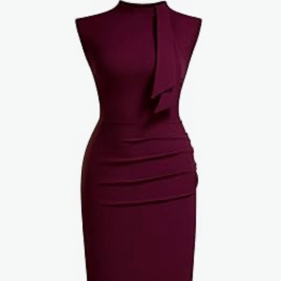 Retro 1950s Style Dress, Half Collar, Ruffle, Pencil Dress by Miusol Burgundy Sm - Picture 6 of 10